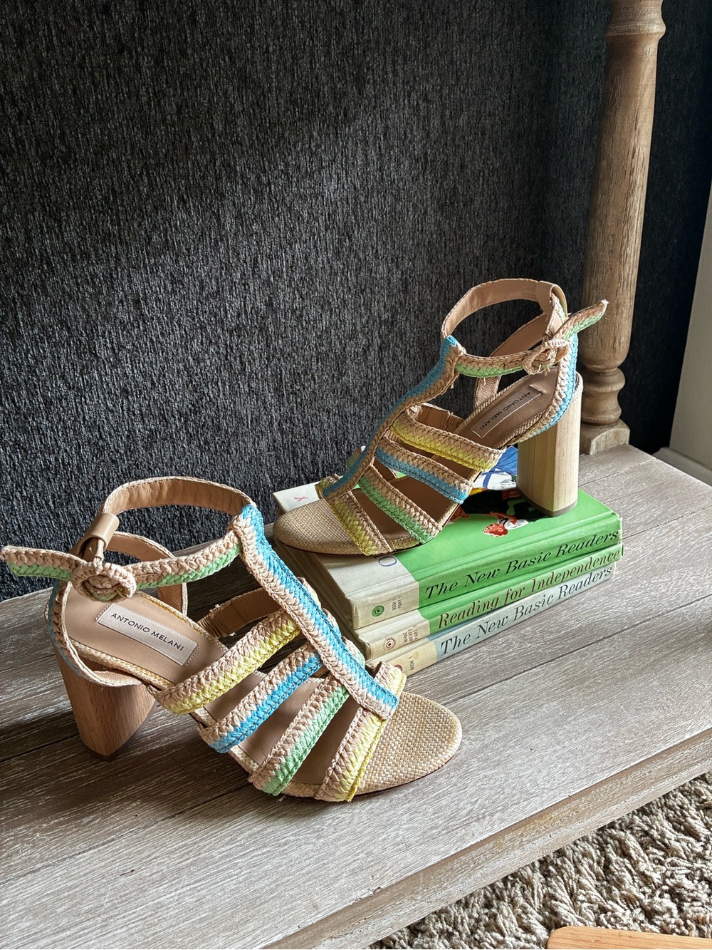 ANTONIO MELANI Gwindolin Raffia Block Heels With Multicolor Woven T-Strap